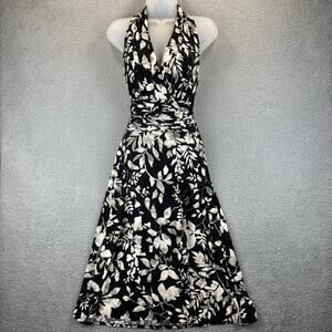 Y2k Dress 10 Black Beachy Sexy Floral Empire Halter Fit Flare Sleeveless V Neck